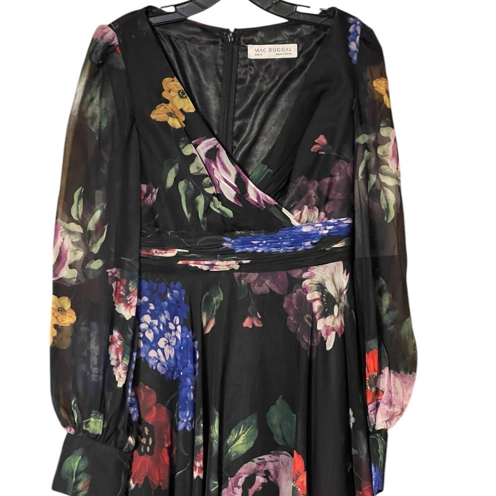 Mac Duggal NEW Size 6 67872 Black Floral Chiffon Bishop Sleeve Floral Print Gown - Picture 5 of 9